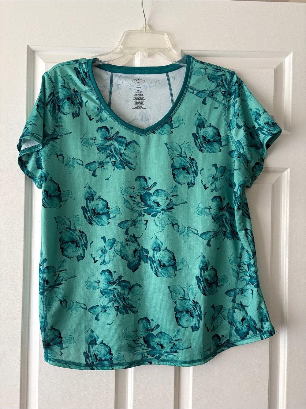 St. John's Bay Teal Floral V-Neck Short Sleeve Tee